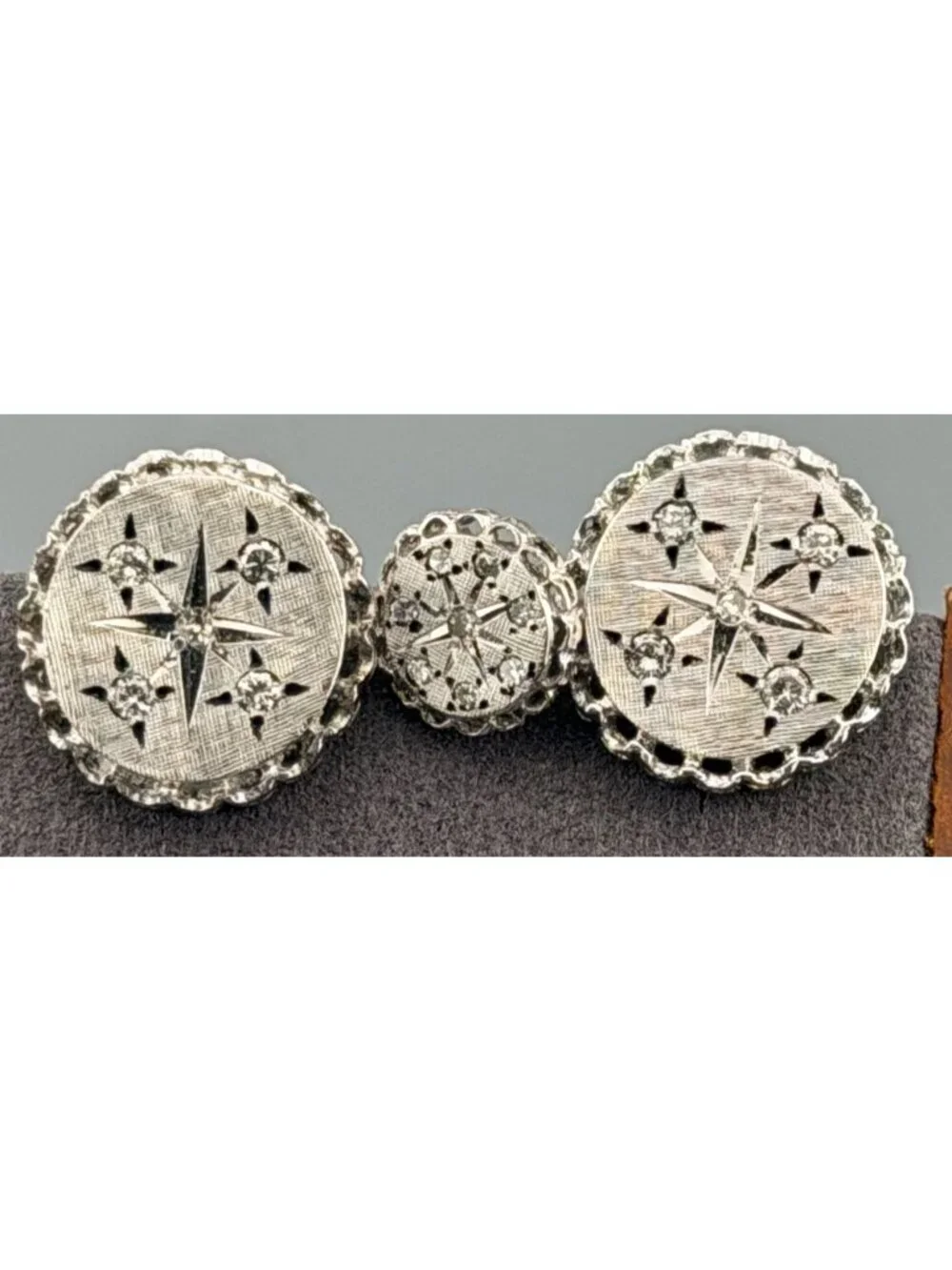 Vintage Cufflinks Sterling Silver Starburst Tie Tack & Links Set Diamond Accents